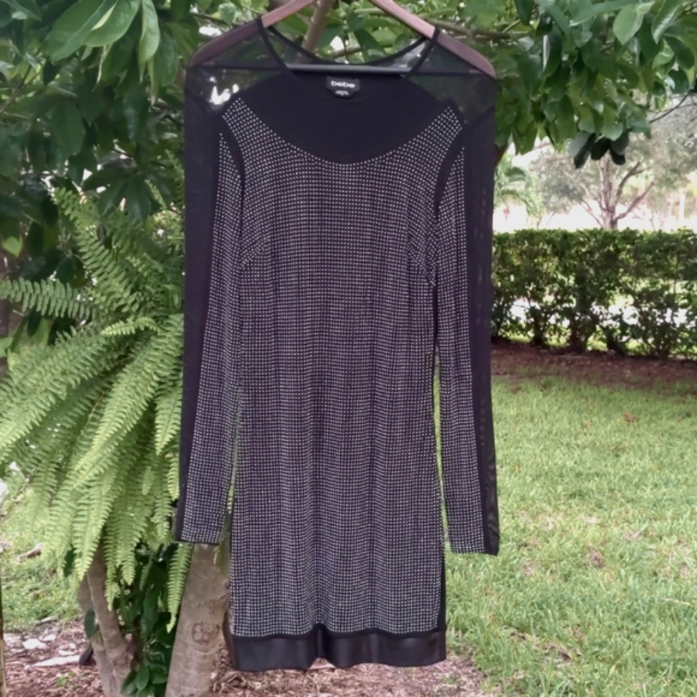 Bebe Black Rhinestone Mesh mini Dress Size SP 🖤